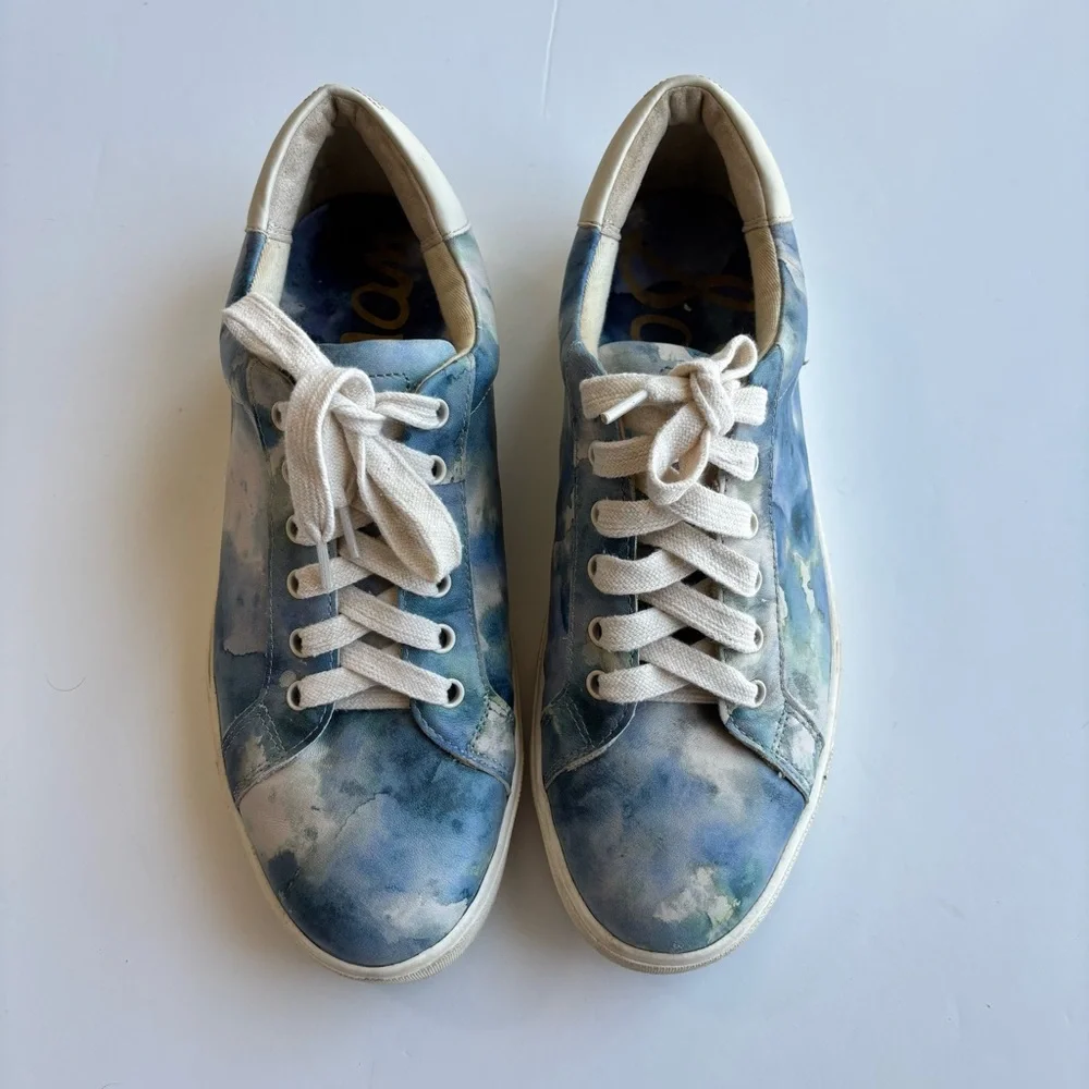 SH4 Sam Edelman Blue Watercolor Cloud Print Leather Sneakers Casual Women 10M